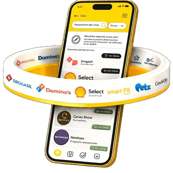 Aplicativo NexClub com anel promocional em movimento